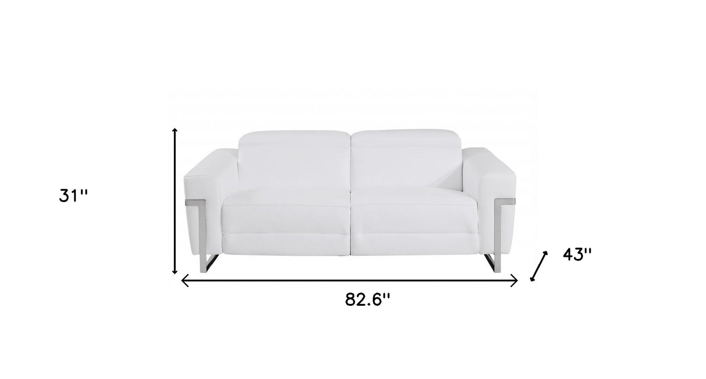 83" White Italian Leather USB Reclining Sofa With Chrome Legs