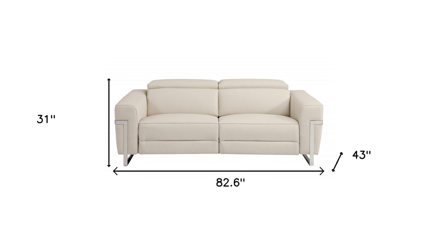 83" Beige Italian Leather USB Reclining Sofa With Silver Legs