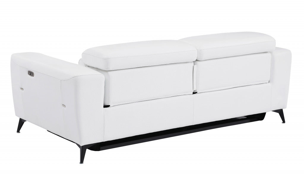 83" White Italian Leather USB Reclining Sofa With Black Legs