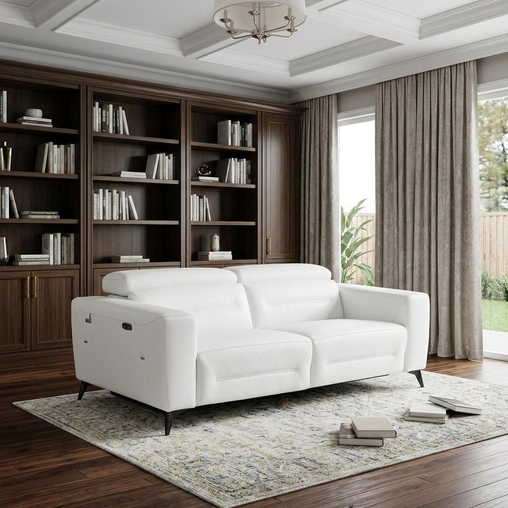 83" White Italian Leather USB Reclining Sofa With Black Legs