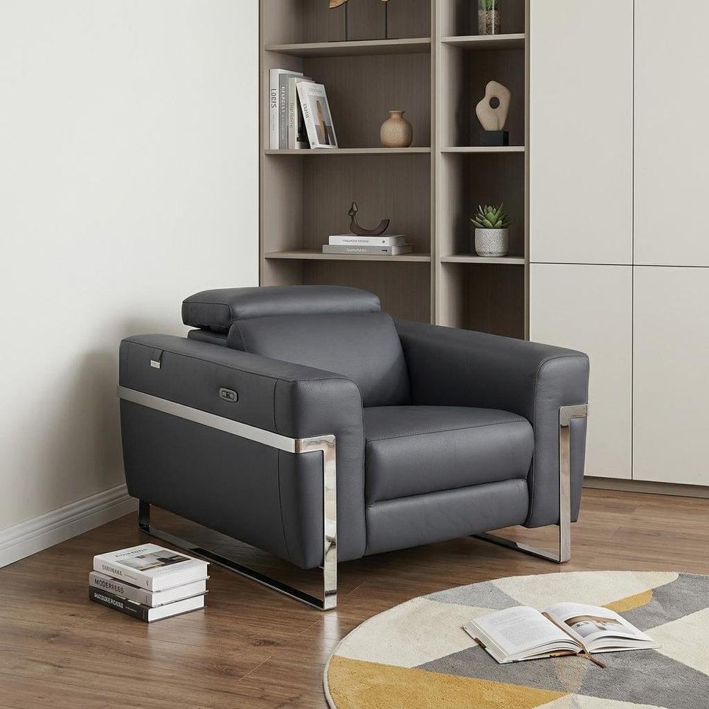 41" Dark Gray Italian Leather Power Recliner Chair