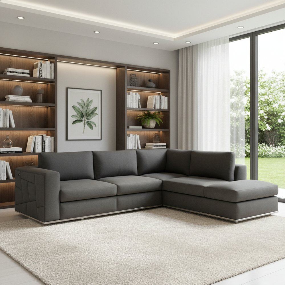 Dark Gray Italian Leather Reclining L Shaped Two Piece Corner Sectional