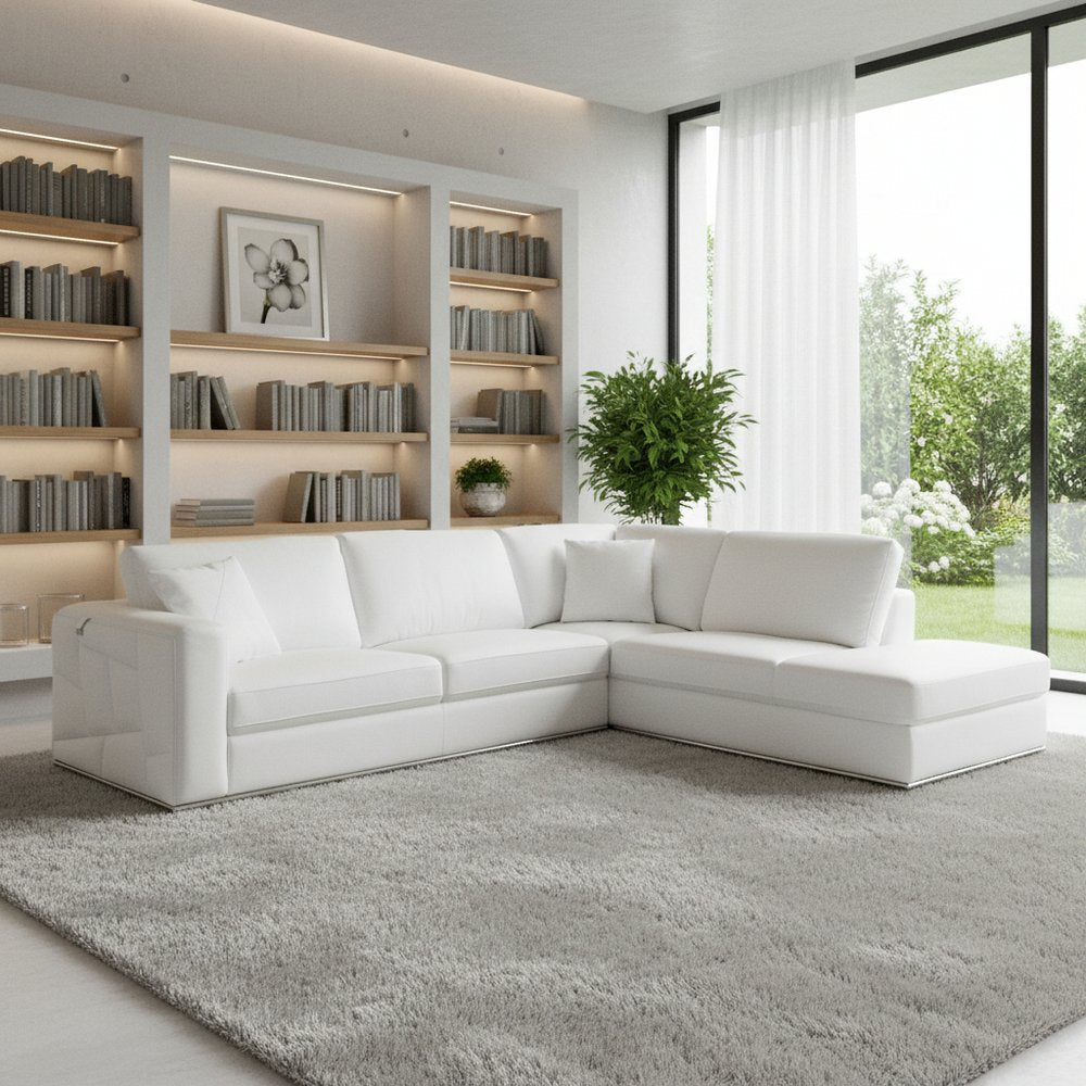 White Italian Leather Reclining L Shaped Two Piece Corner Sectional