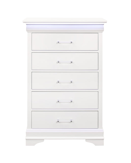 16" White Solid Wood Five Drawer Chest with LED Lighting