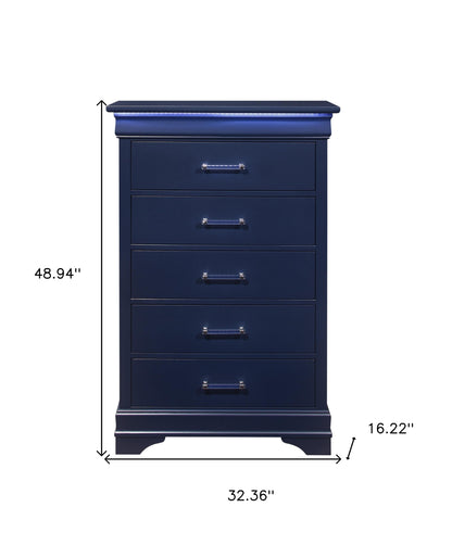 16" Blue Solid Wood Five Drawer Chest With LED Lighting