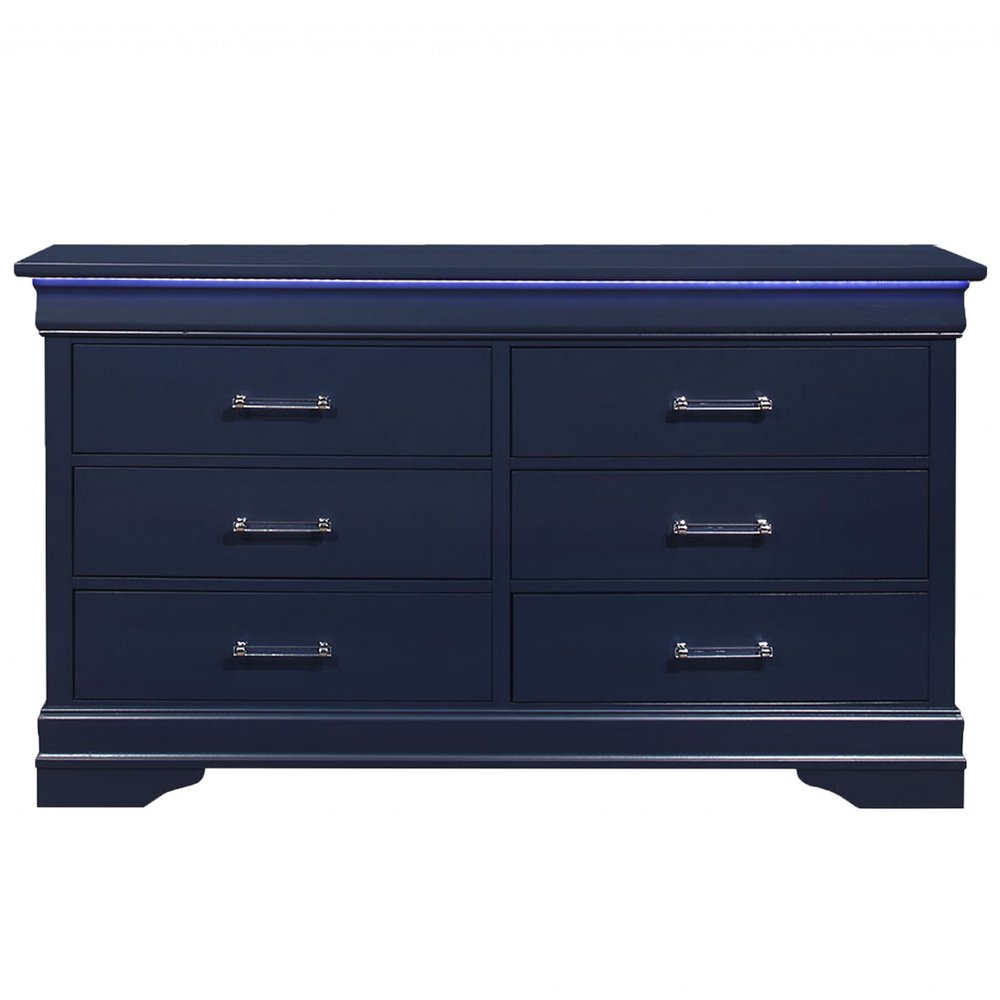 59" Blue Solid Wood Lighted Six Drawer Double Dresser