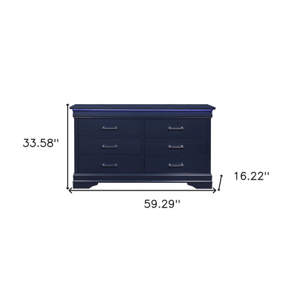 59" Blue Solid Wood Six Drawer Double Dresser