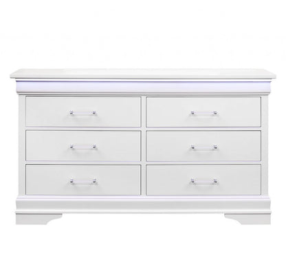 59" White Solid Wood Lighted Six Drawer Double Dresser
