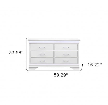 59" White Solid Wood Six Drawer Double Dresser with LED