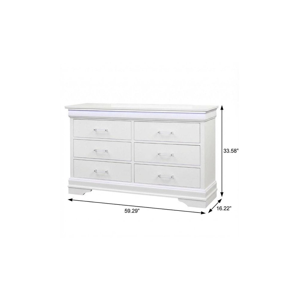 59" White Solid Wood Six Drawer Double Dresser with LED