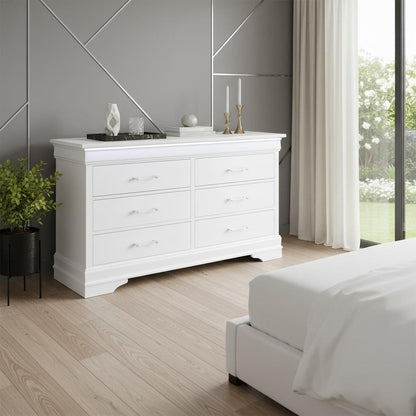 59" White Solid Wood Six Drawer Double Dresser with LED
