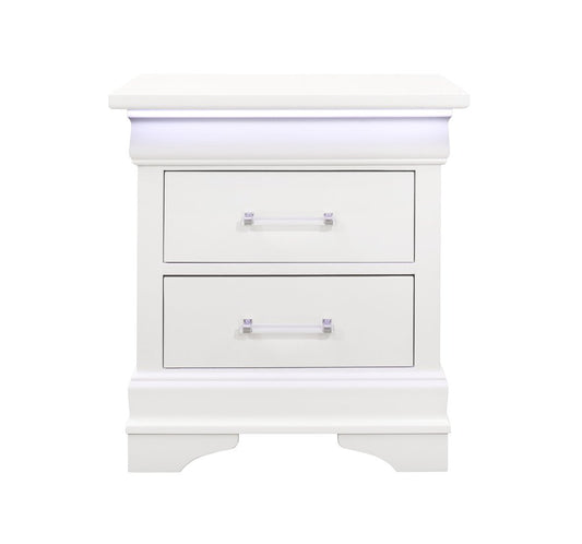 24" White Wood Lighted Two Drawer Nightstand