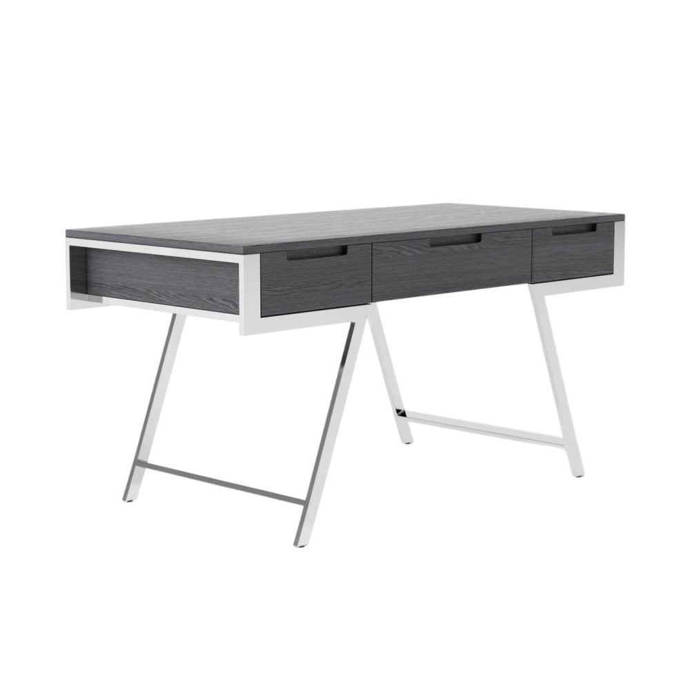 63" Gray and Silver Writing Desk With Three Drawers