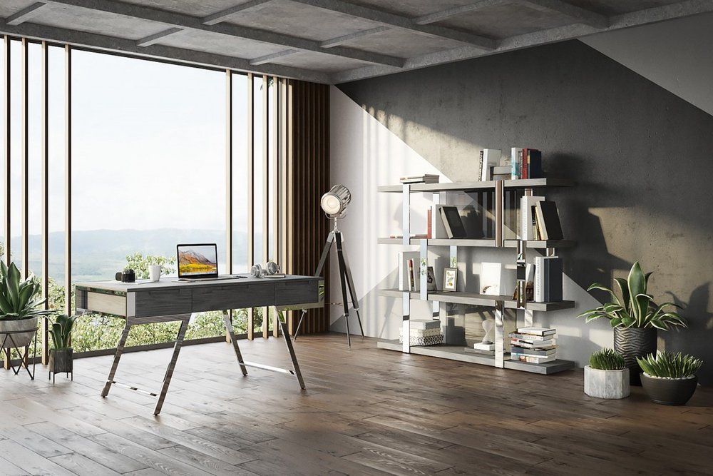 63" Gray and Silver Writing Desk With Three Drawers