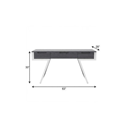 63" Gray and Silver Writing Desk With Three Drawers