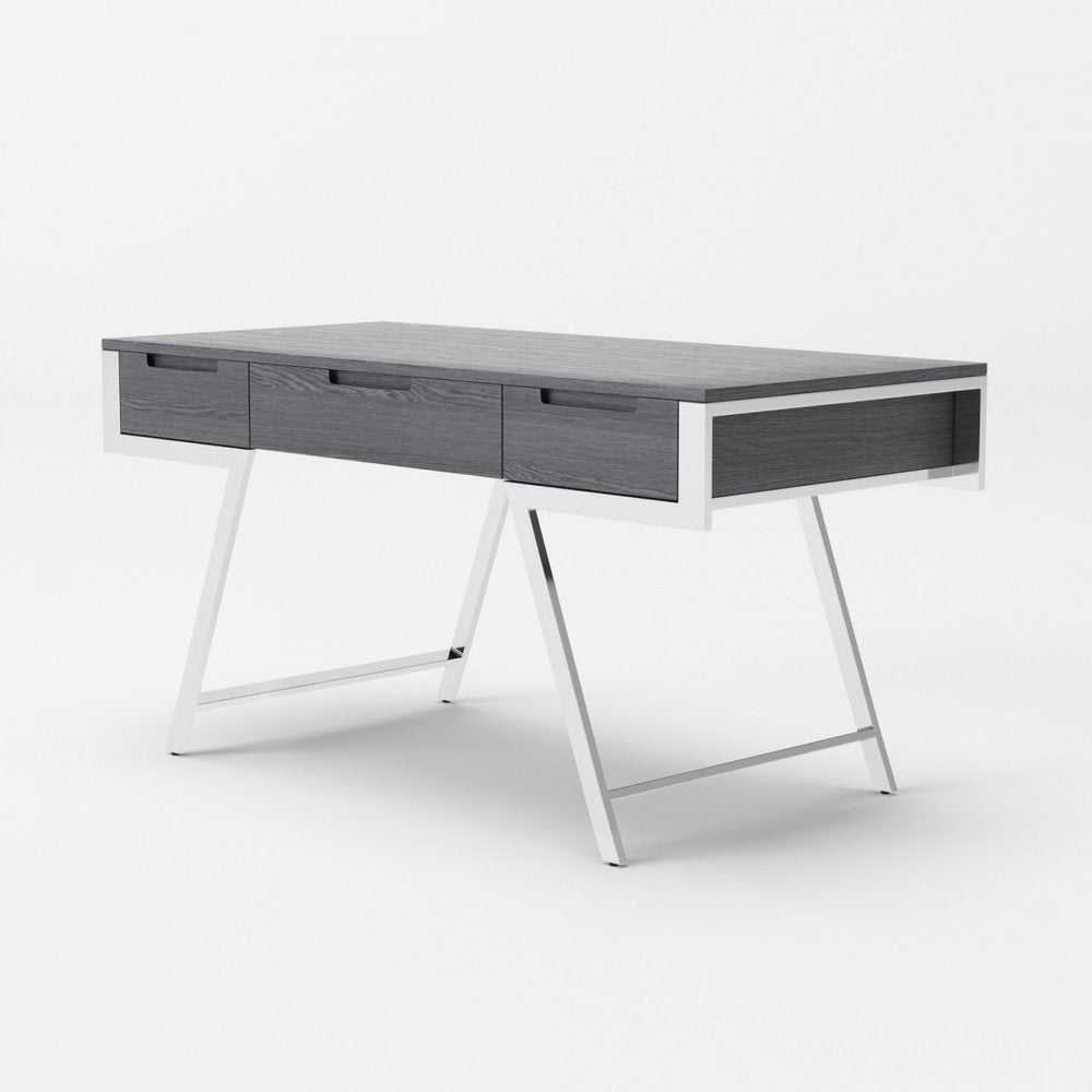 63" Gray and Silver Writing Desk With Three Drawers