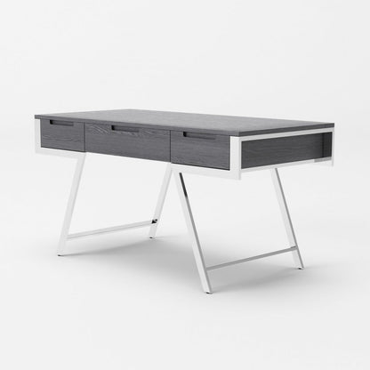 63" Gray and Silver Writing Desk With Three Drawers