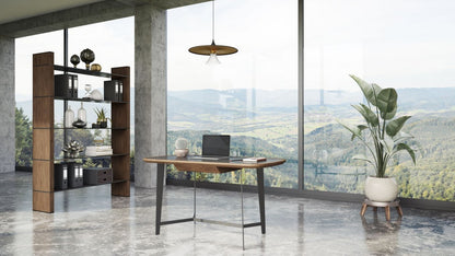 55" Walnut And Black Glass Rectangular Writing Desk