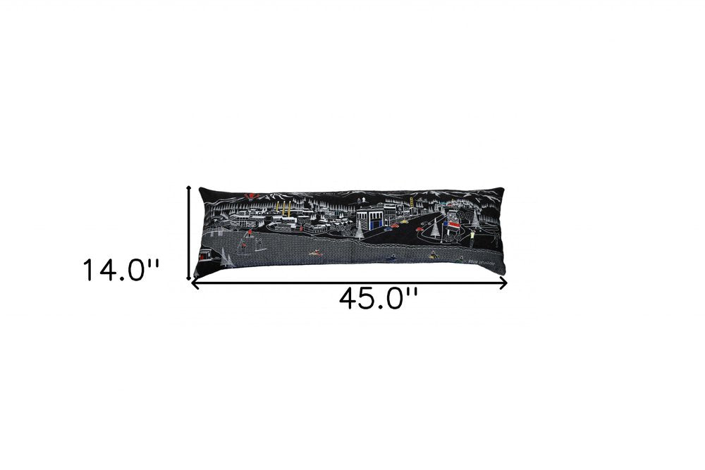 14" X 45" Dark Gray And White Lumbar Bend Hometown Pride Wool Throw Pillow with Embroidery