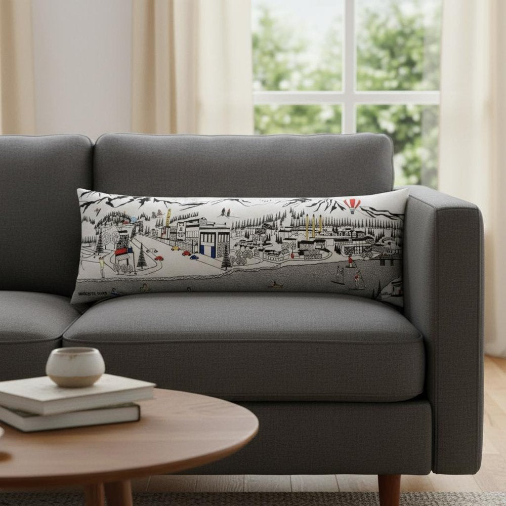 14" X 45" Cream Lumbar Bend Hometown Pride Wool Throw Pillow with Embroidery