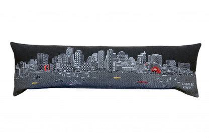 14" X 45" Dark Gray And White Boston Night Skyline Lumbar Decorative Pillow