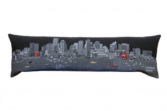 14" X 45" Dark Gray And White Boston Night Skyline Lumbar Decorative Pillow