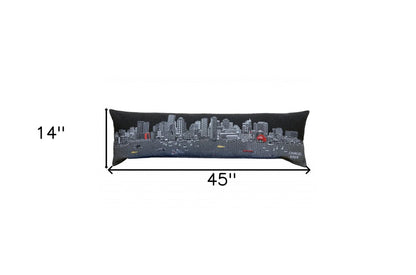 14" X 45" Dark Gray And White Boston Night Skyline Lumbar Decorative Pillow