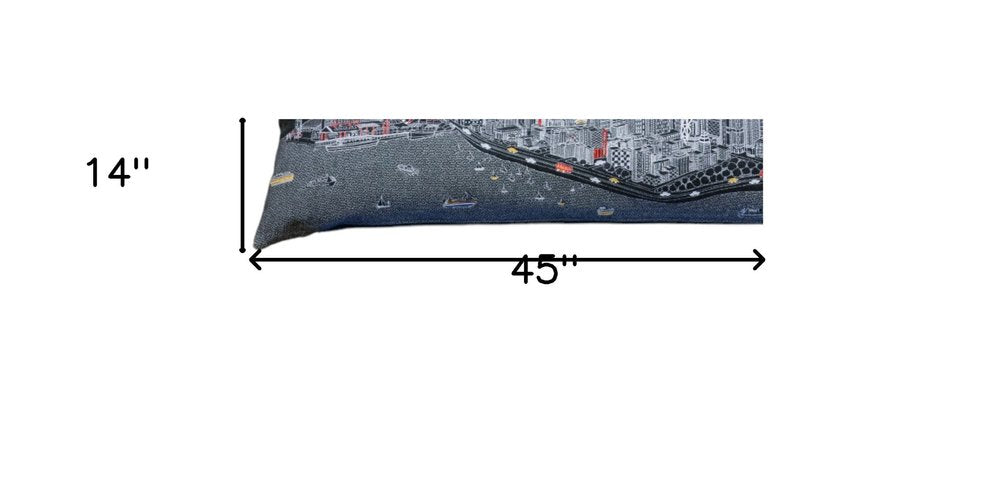 14" X 45" Dark Gray And White Chicago Nighttime Skyline Lumbar Decorative Pillow