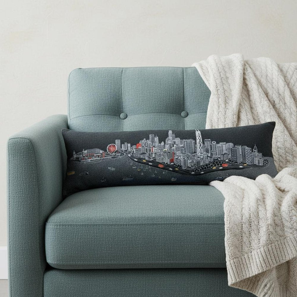 14" X 45" Dark Gray And White Chicago Nighttime Skyline Lumbar Decorative Pillow