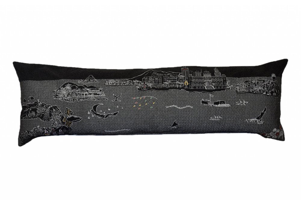 14" X 45" Dark Gray And White Lumbar Hawaii Hometown Pride Wool Throw Pillow with Embroidery