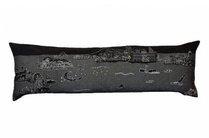 14" X 45" Dark Gray And White Lumbar Hawaii Hometown Pride Wool Throw Pillow with Embroidery