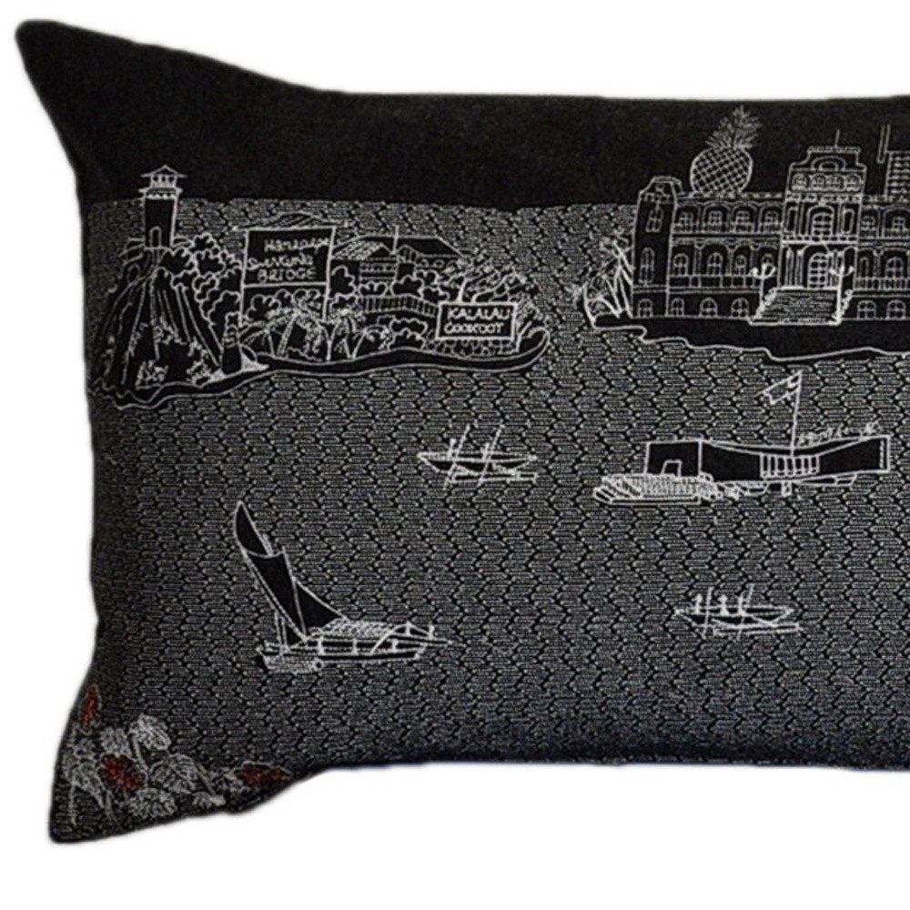 14" X 45" Dark Gray And White Lumbar Hawaii Hometown Pride Wool Throw Pillow with Embroidery