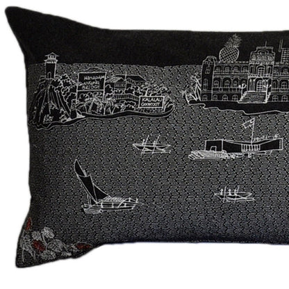 14" X 45" Dark Gray And White Lumbar Hawaii Hometown Pride Wool Throw Pillow with Embroidery