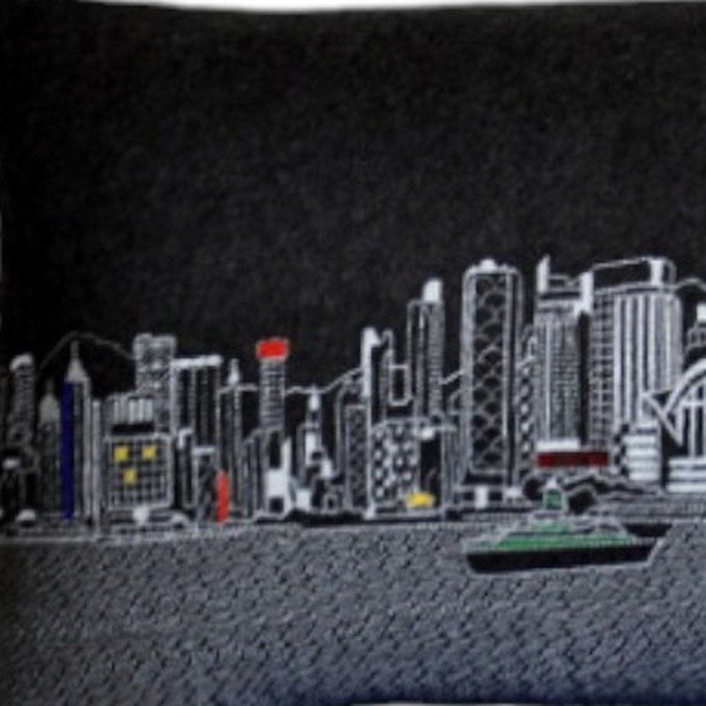 14" X 45" Dark Gray And White Lumbar Hong Kong Hometown Pride Wool Throw Pillow with Embroidery