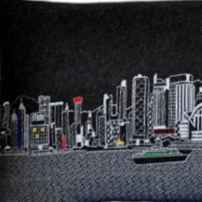 14" X 45" Dark Gray And White Lumbar Hong Kong Hometown Pride Wool Throw Pillow with Embroidery