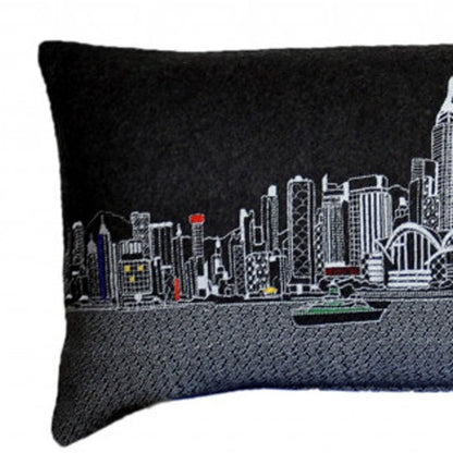 14" X 45" Dark Gray And White Lumbar Hong Kong Hometown Pride Wool Throw Pillow with Embroidery