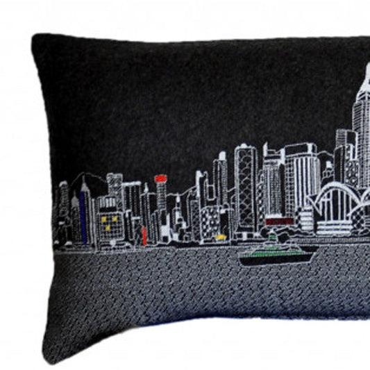 14" X 45" Dark Gray And White Lumbar Hong Kong Hometown Pride Wool Throw Pillow with Embroidery