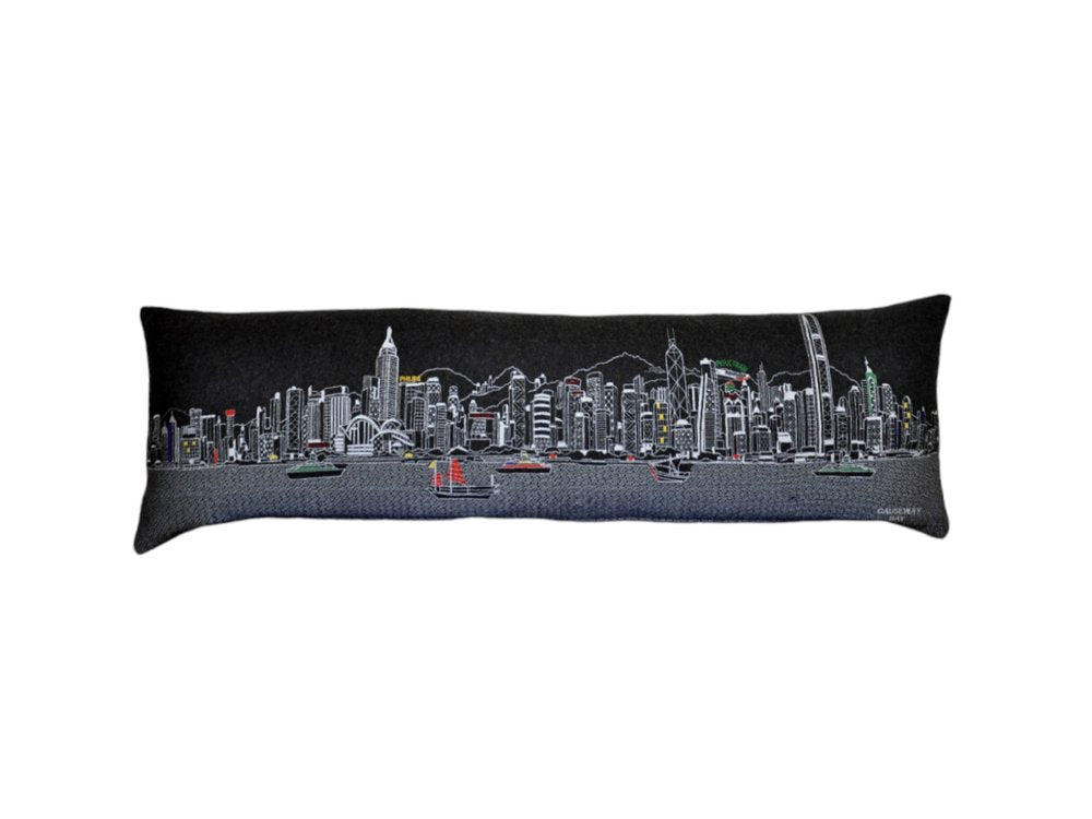 14" X 45" Dark Gray And White Lumbar Hong Kong Hometown Pride Wool Throw Pillow with Embroidery