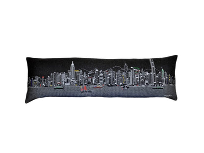 14" X 45" Dark Gray And White Lumbar Hong Kong Hometown Pride Wool Throw Pillow with Embroidery