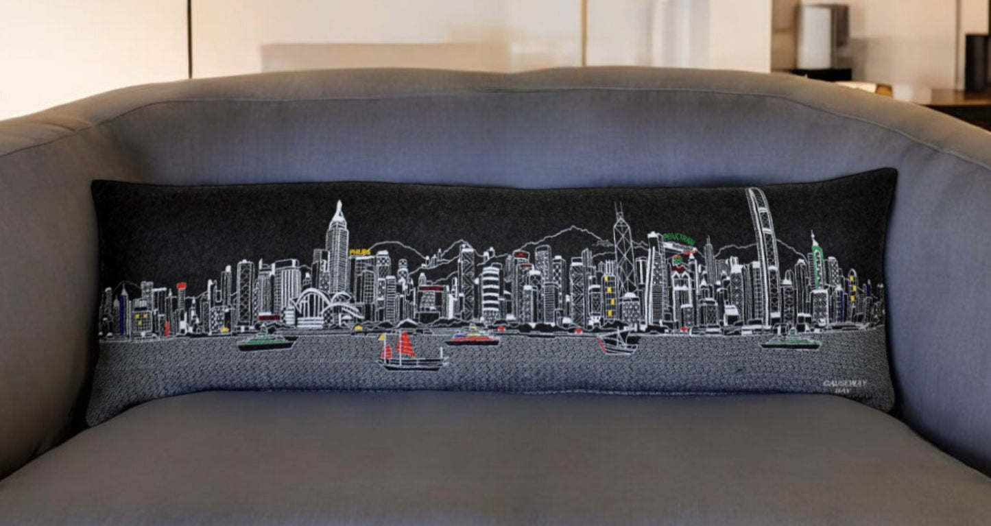 46" Black Hong Kong Nighttime Skyline Lumbar Decorative Pillow