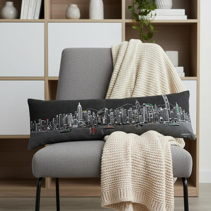 14" X 45" Dark Gray And White Lumbar Hong Kong Hometown Pride Wool Throw Pillow with Embroidery