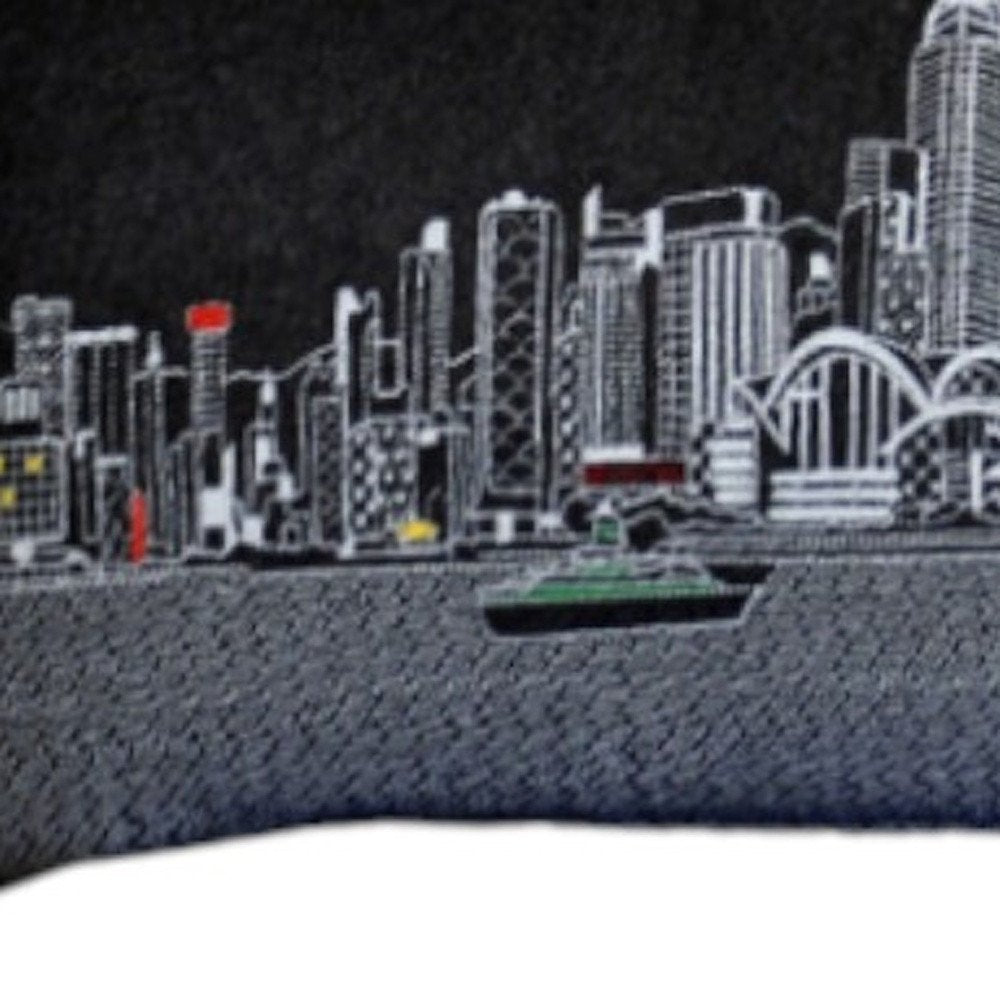 14" X 45" Dark Gray And White Lumbar Hong Kong Hometown Pride Wool Throw Pillow with Embroidery