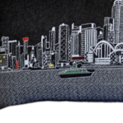 14" X 45" Dark Gray And White Lumbar Hong Kong Hometown Pride Wool Throw Pillow with Embroidery