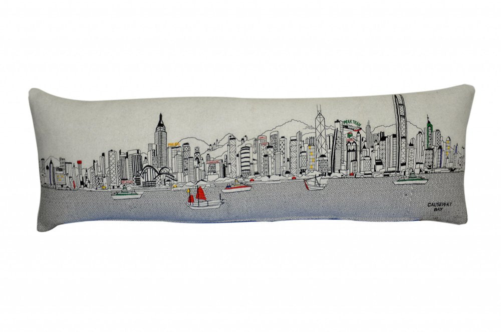 14" X 45" Cream Lumbar Hong Kong Hometown Pride Wool Throw Pillow with Embroidery