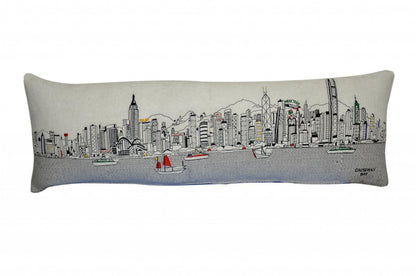 14" X 45" Cream Lumbar Hong Kong Hometown Pride Wool Throw Pillow with Embroidery