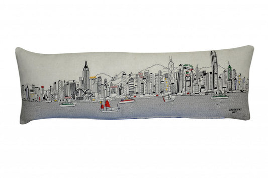 14" X 45" Cream Lumbar Hong Kong Hometown Pride Wool Throw Pillow with Embroidery