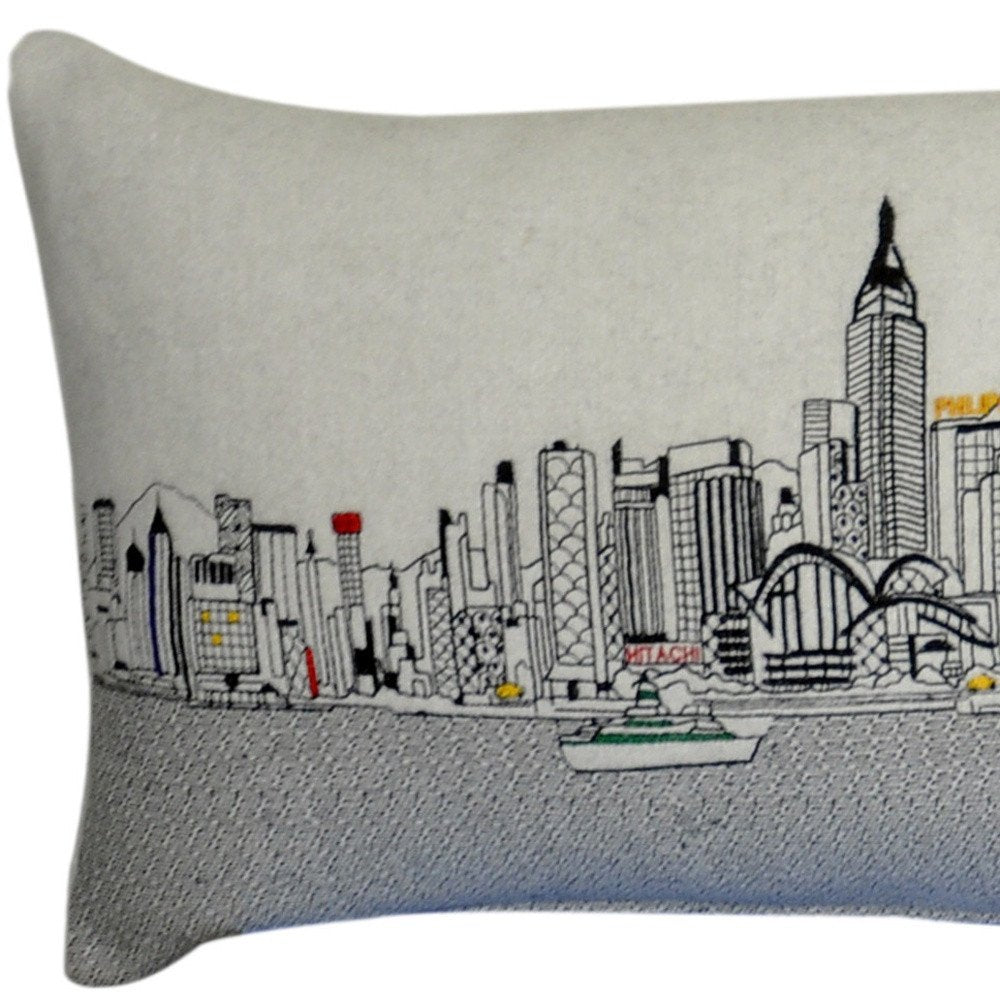 14" X 45" Cream Lumbar Hong Kong Hometown Pride Wool Throw Pillow with Embroidery