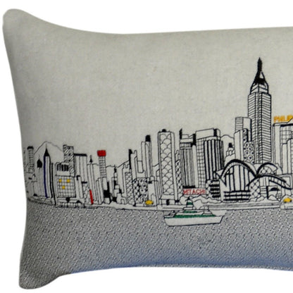 14" X 45" Cream Lumbar Hong Kong Hometown Pride Wool Throw Pillow with Embroidery