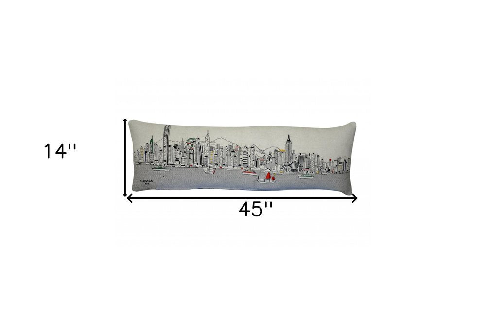 14" X 45" Cream Lumbar Hong Kong Hometown Pride Wool Throw Pillow with Embroidery