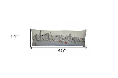 14" X 45" Cream Lumbar Hong Kong Hometown Pride Wool Throw Pillow with Embroidery